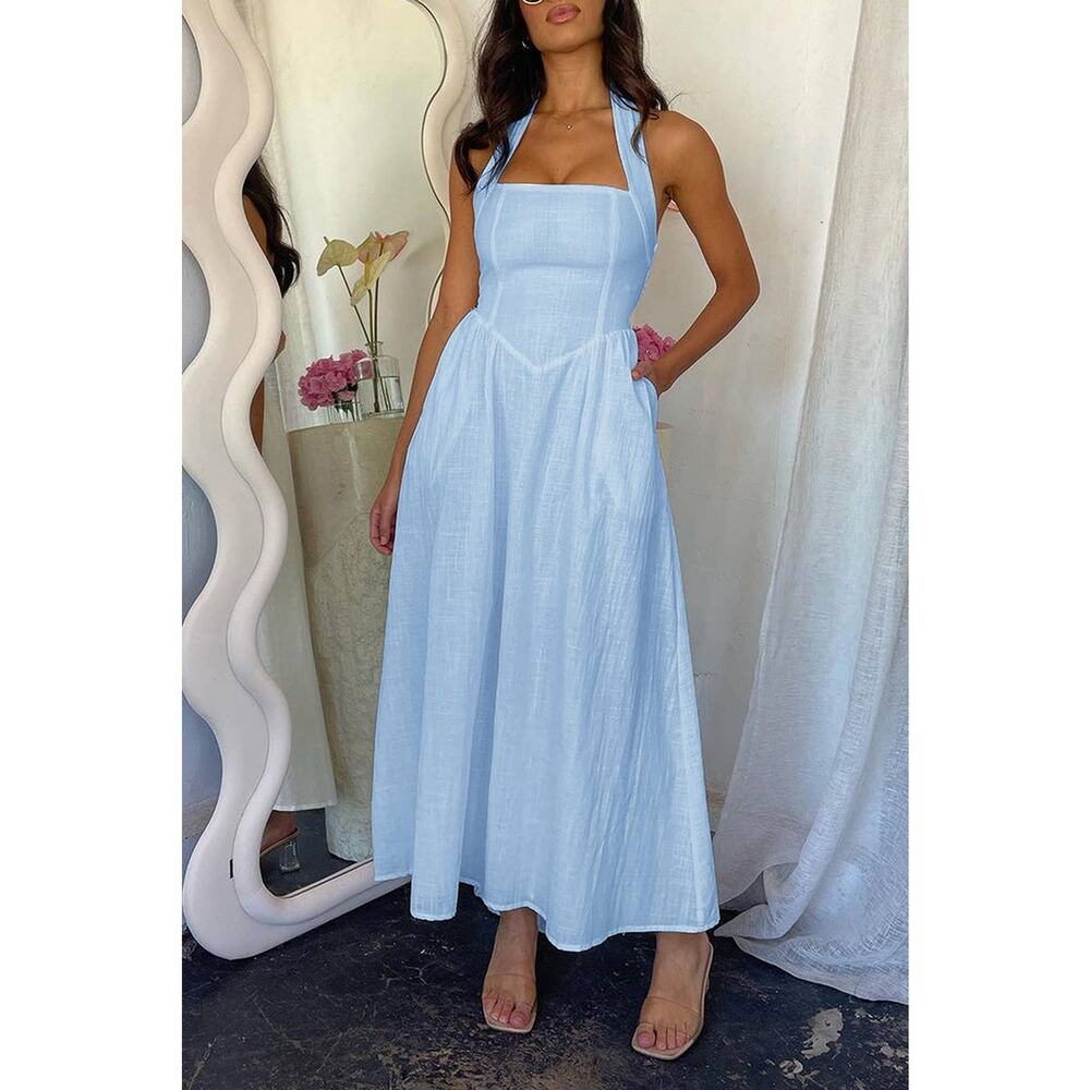 Supreme Fashion Maxi Dress Womens XL White Halter Sleeveless Summer Chic NWT - Picture 3 of 9